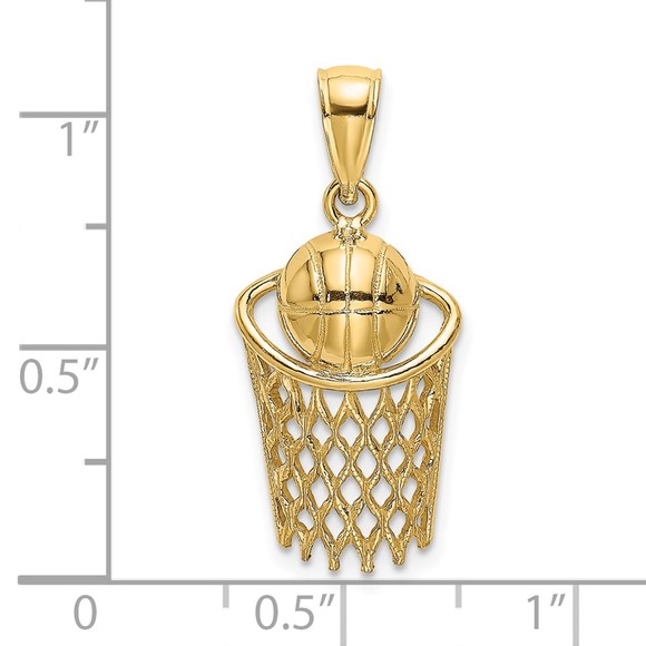 14k Yellow Gold Genuine Sports Polished Basketball and Net Charm - Picture 4 of 5